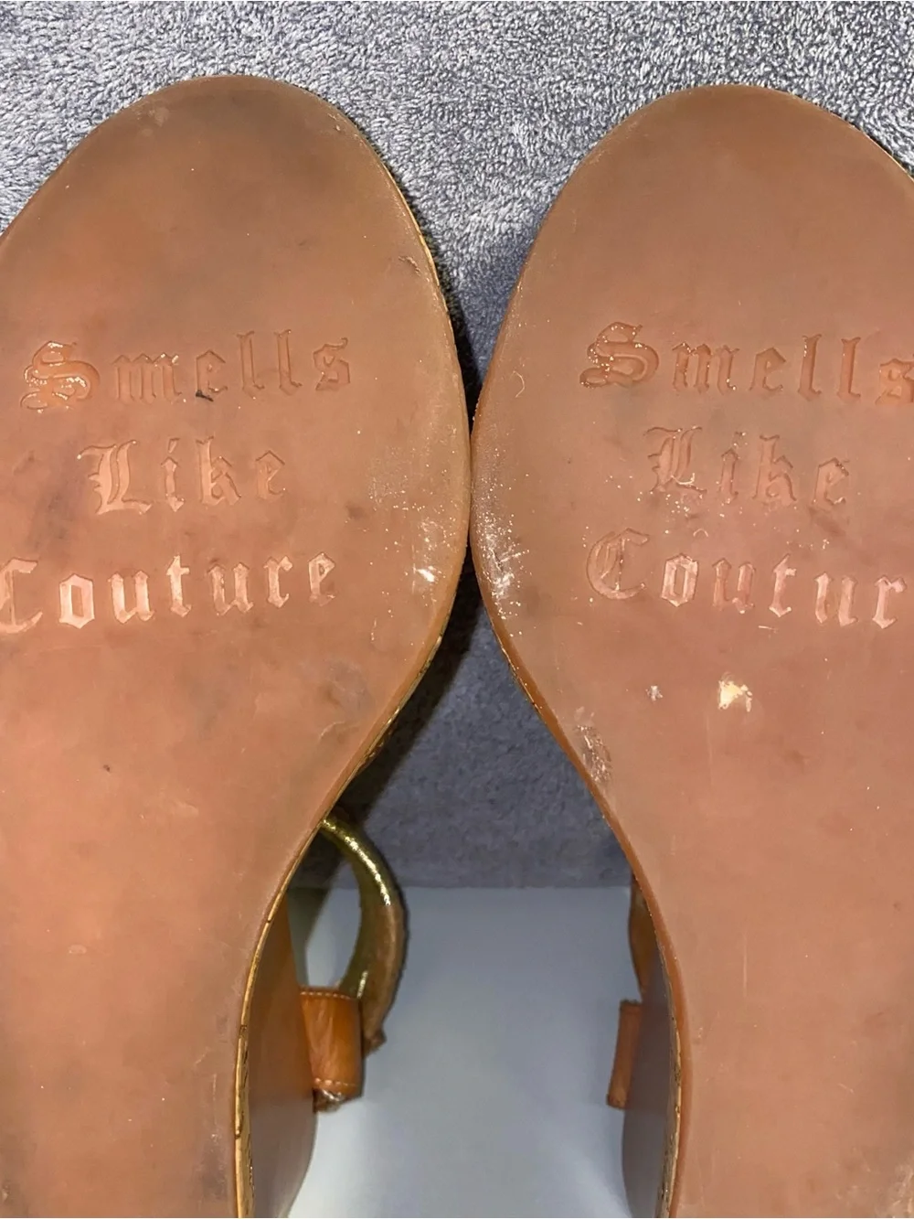 Juicy Couture Brown Gold Strap Cork Wedge Sandals 6.5